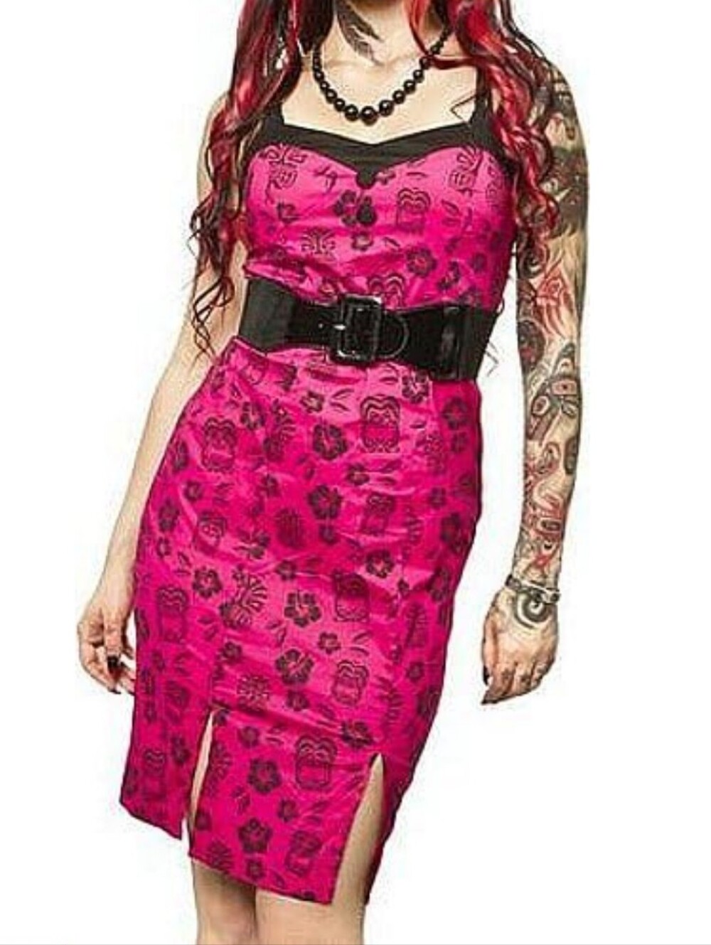 Sourpuss Tiki & Hibiscus Pin Up Summerween Pink & Black Dress (L) RARE!! EUC!!